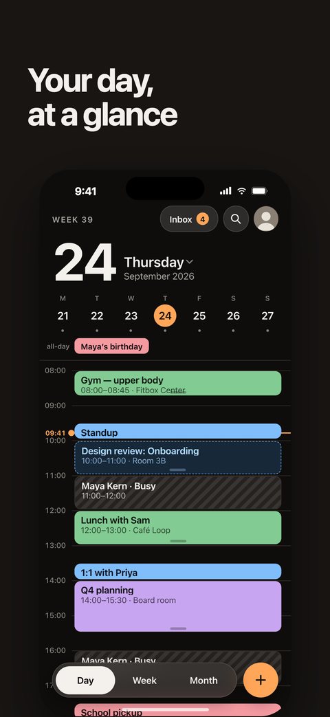 Promotional image, “Your day, at a glance”: the day view with colour-coded events.
