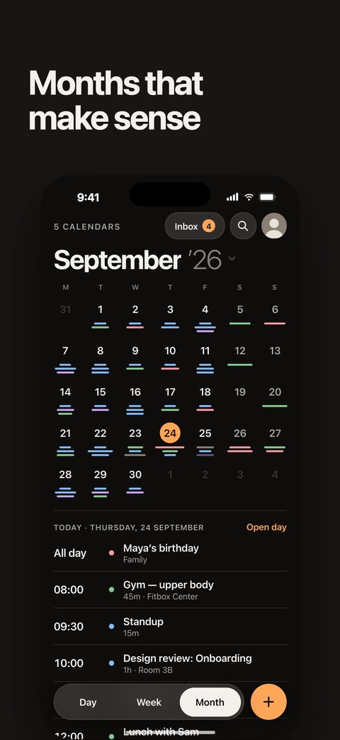 Promotional image, “Months that make sense”: the month view with the day’s agenda.